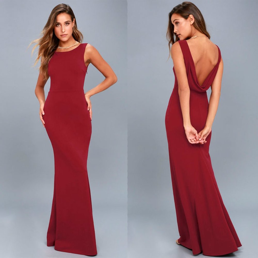 Lulus Call My Name Wine Red Backless Formal Evening Maxi Sheath Dress Sz S